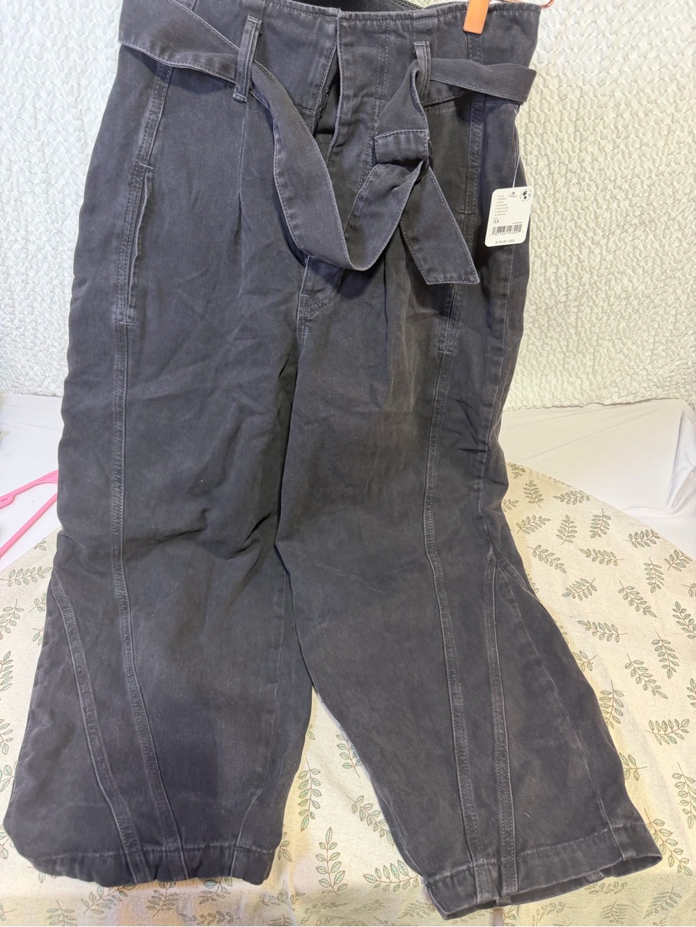 Womens Washed Black Cargo-Style Cotton Pants with Self-Tie Belt paper bag jeans